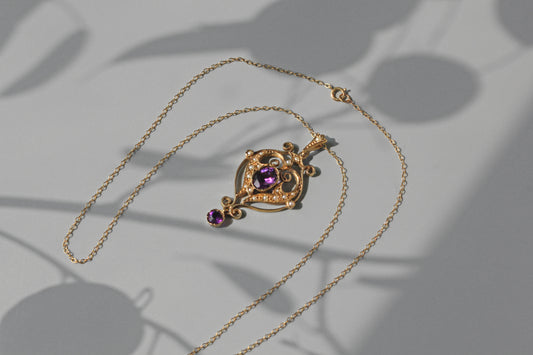 Vintage amethyst & pearl lavaliere pendant necklace, in 9 carat gold