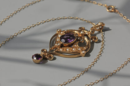 Vintage amethyst & pearl lavaliere pendant necklace, in 9 carat gold