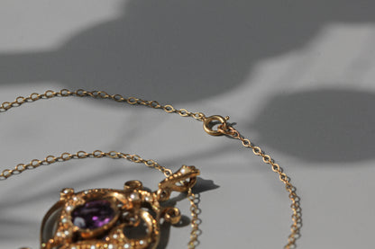 Vintage amethyst & pearl lavaliere pendant necklace, in 9 carat gold