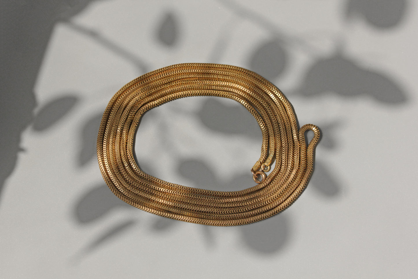 Antique snake link 70" necklace chain, in gold pinchbeck