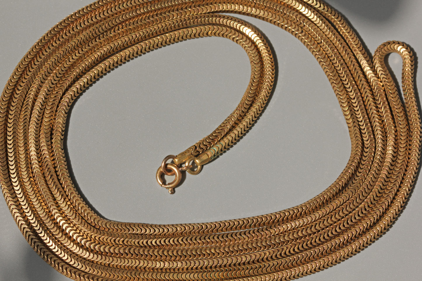 Antique snake link 70" necklace chain, in gold pinchbeck