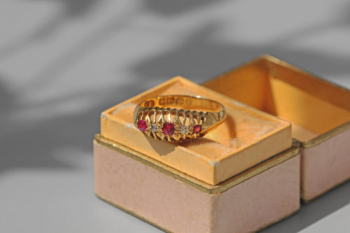 Antique old cut diamond and ruby boat ring in 18ct gold in antique ring box