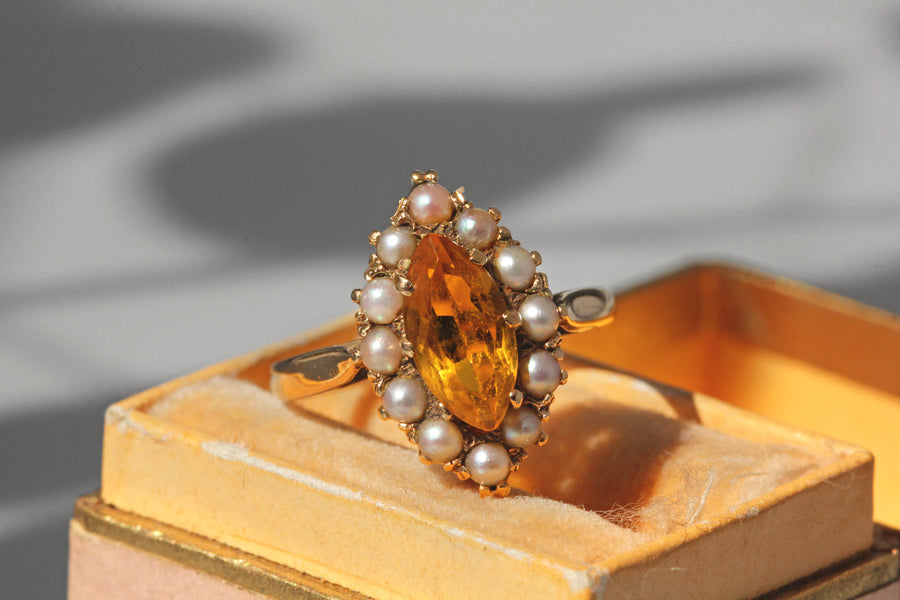 Vintage citrine and pearl marquise ring, in 9 carat gold