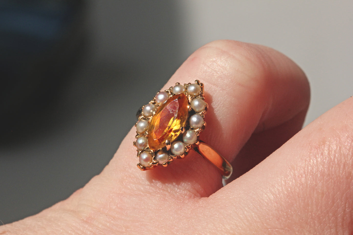 Vintage citrine and pearl marquise ring, in 9 carat gold