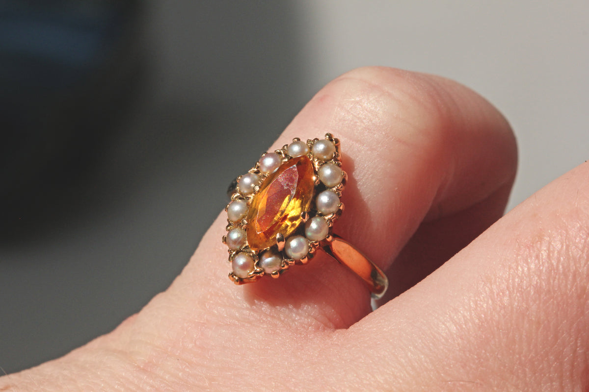 Vintage citrine and pearl marquise ring, in 9 carat gold