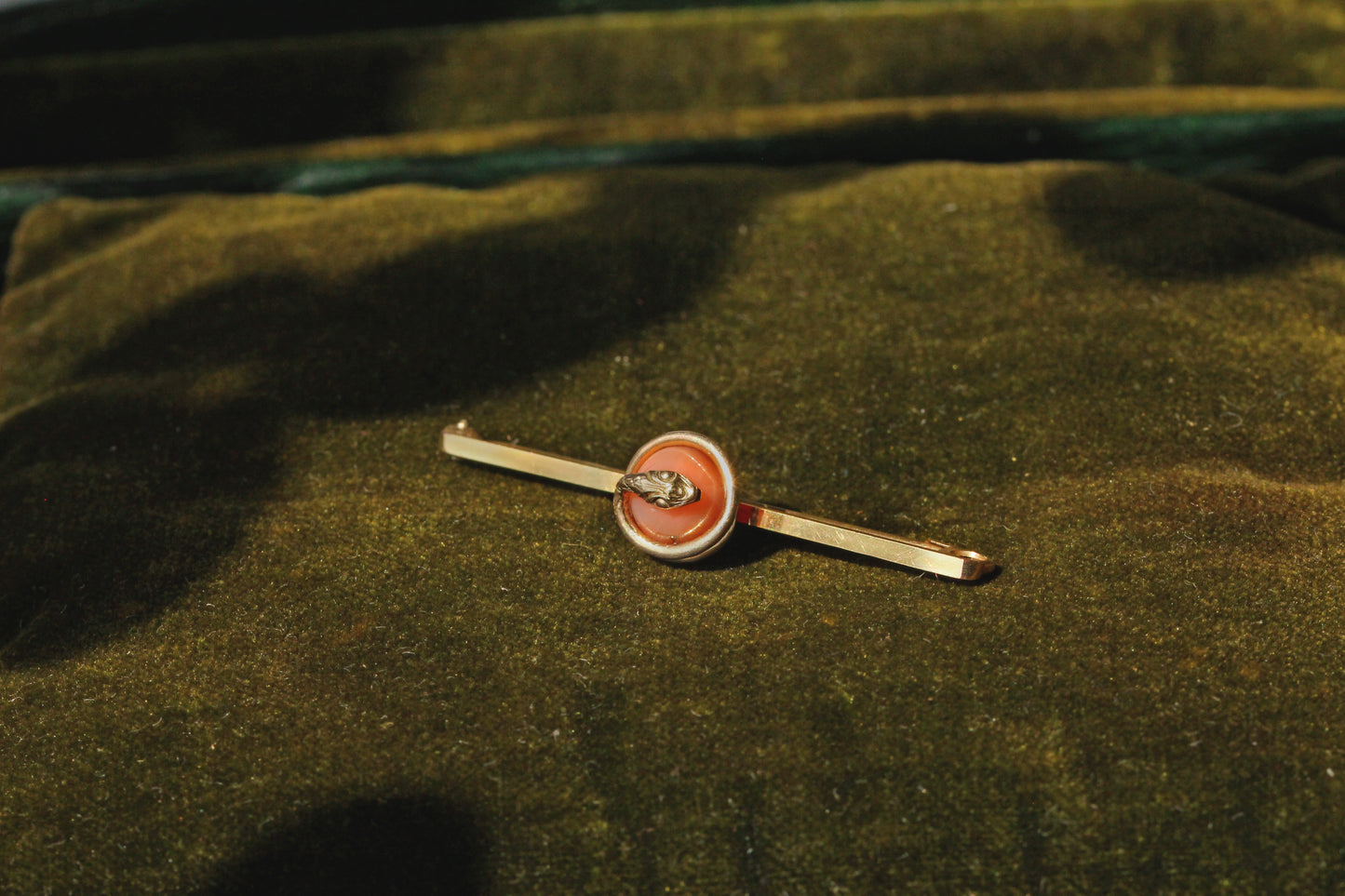 Antique Victorian coral serpent snake brooch in 9 carat gold side view