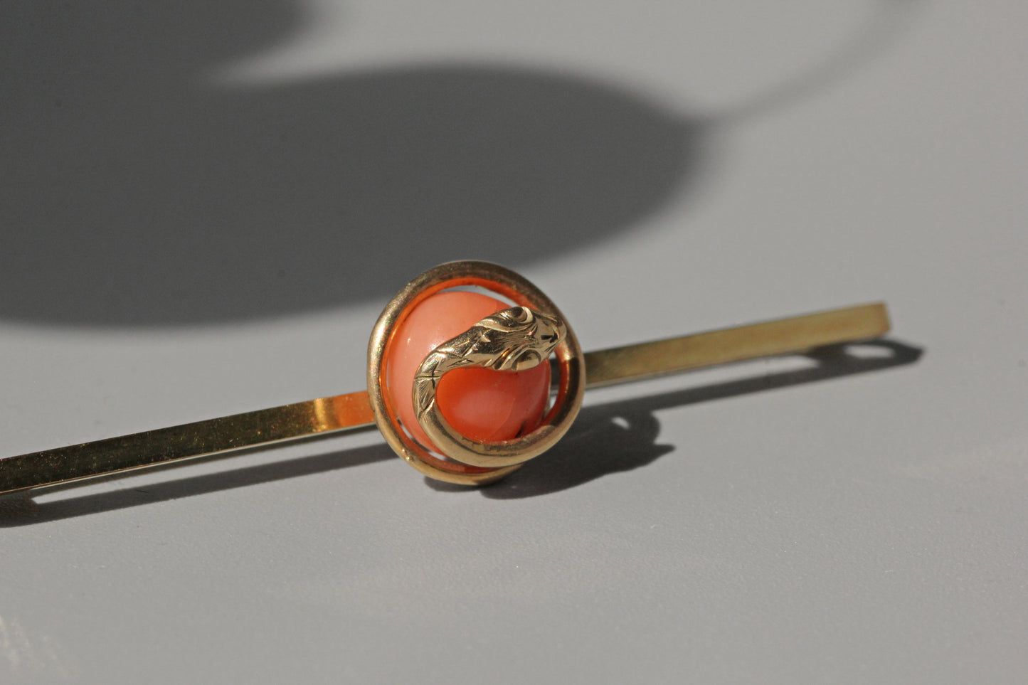 Antique victorian coral serpent snake brooch, in 9 carat gold