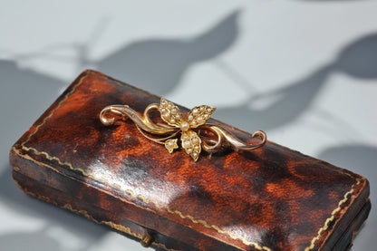 Antique seed pearl floral ivy brooch, in 15ct gold