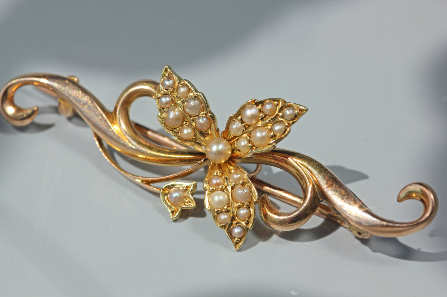 Antique seed pearl floral ivy brooch, in 15ct gold