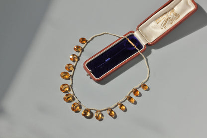 Antique citrine and pearl fringe necklace, with 15ct gold clasp