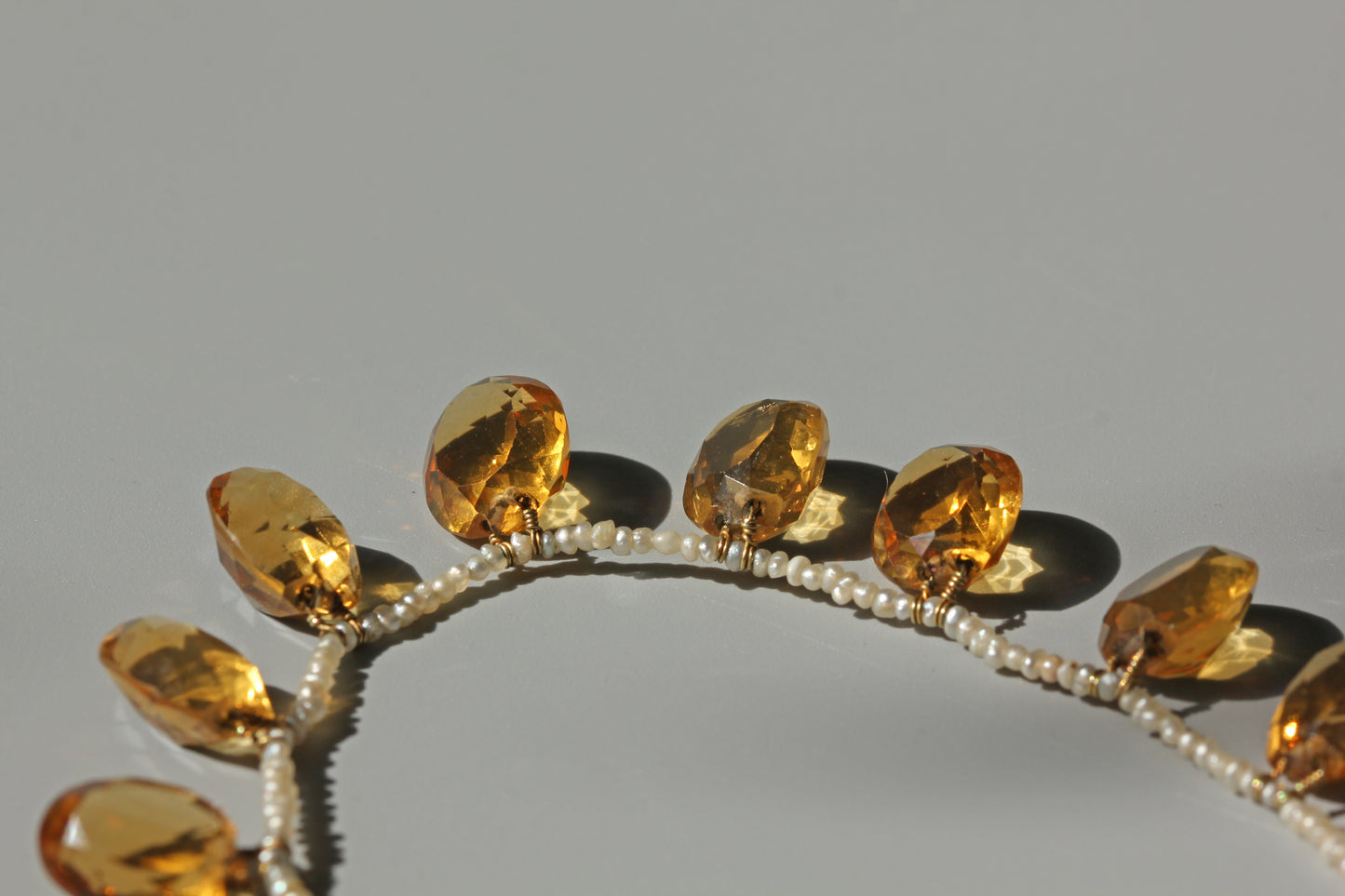 Antique citrine and pearl fringe necklace, with 15ct gold clasp
