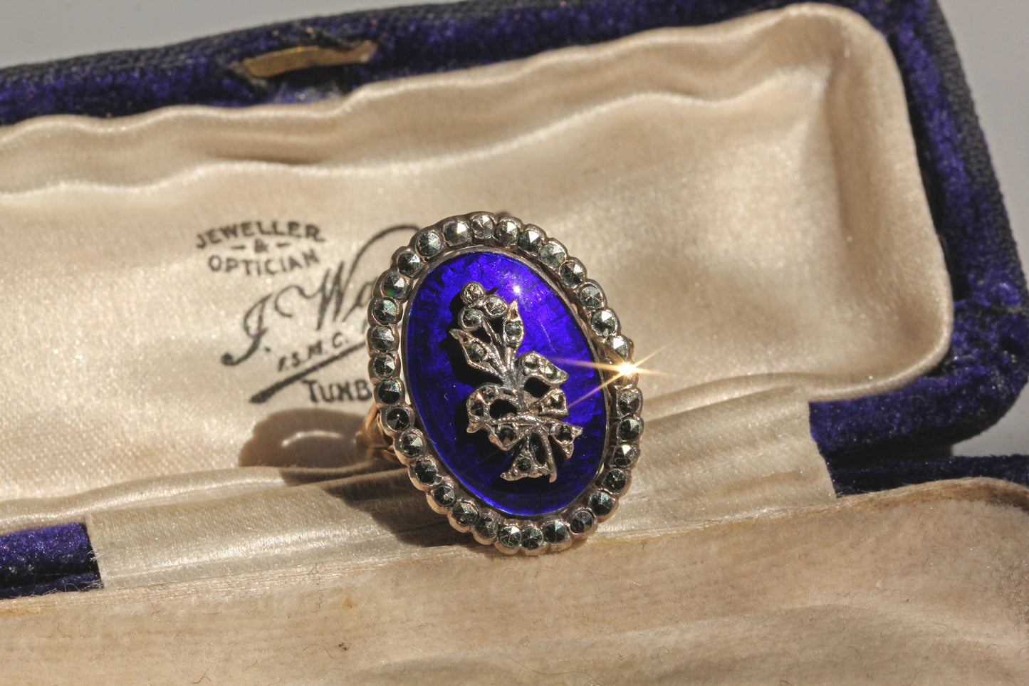 Antique victorian blue enamel marcasite ring, in 9 carat gold