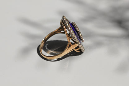 Antique victorian blue enamel marcasite ring, in 9 carat gold