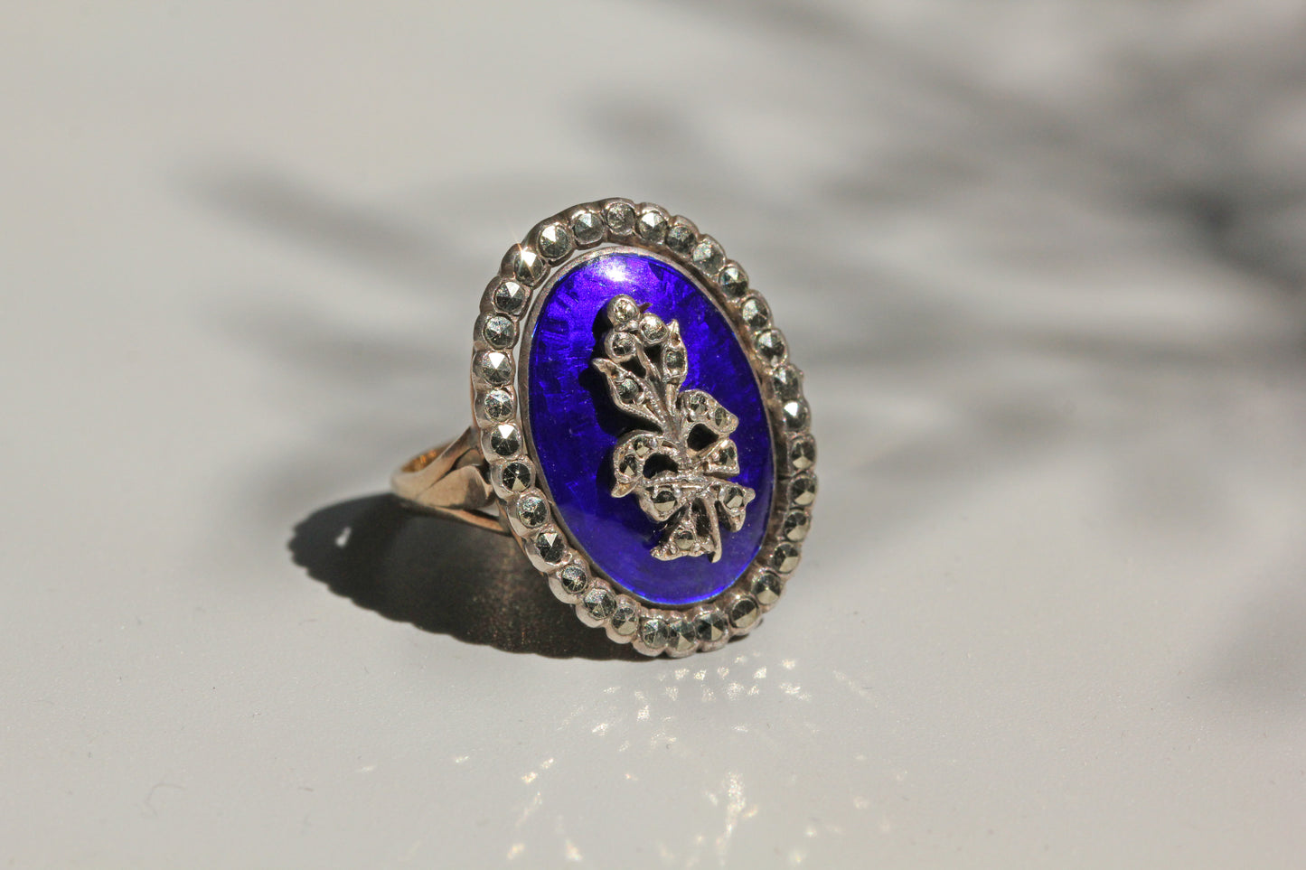 Antique victorian blue enamel marcasite ring, in 9 carat gold