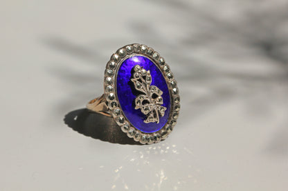 Antique victorian blue enamel marcasite ring, in 9 carat gold