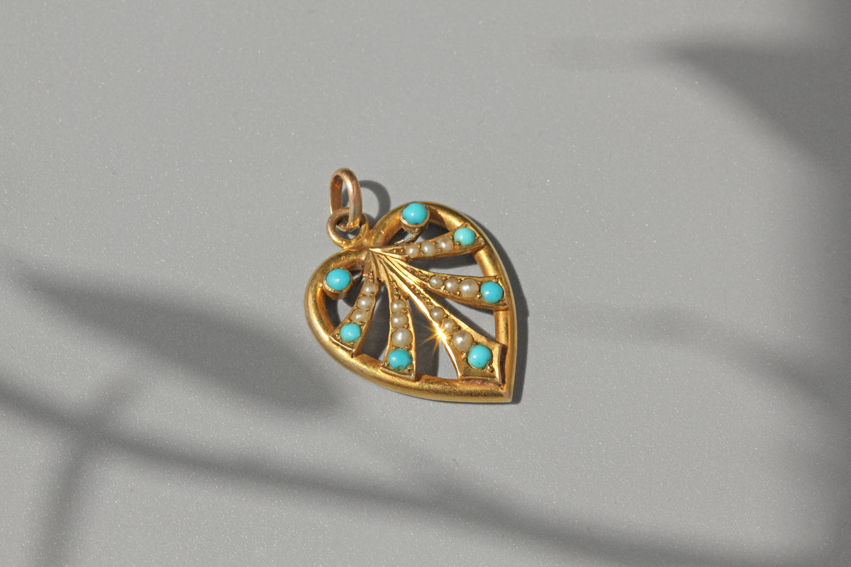 Antique Victorian turquoise and pearl heart pendant in 9 carat gold