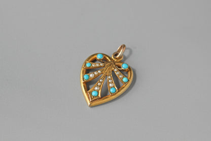 Antique victorian turquoise and pearl heart pendant, in 9 carat gold