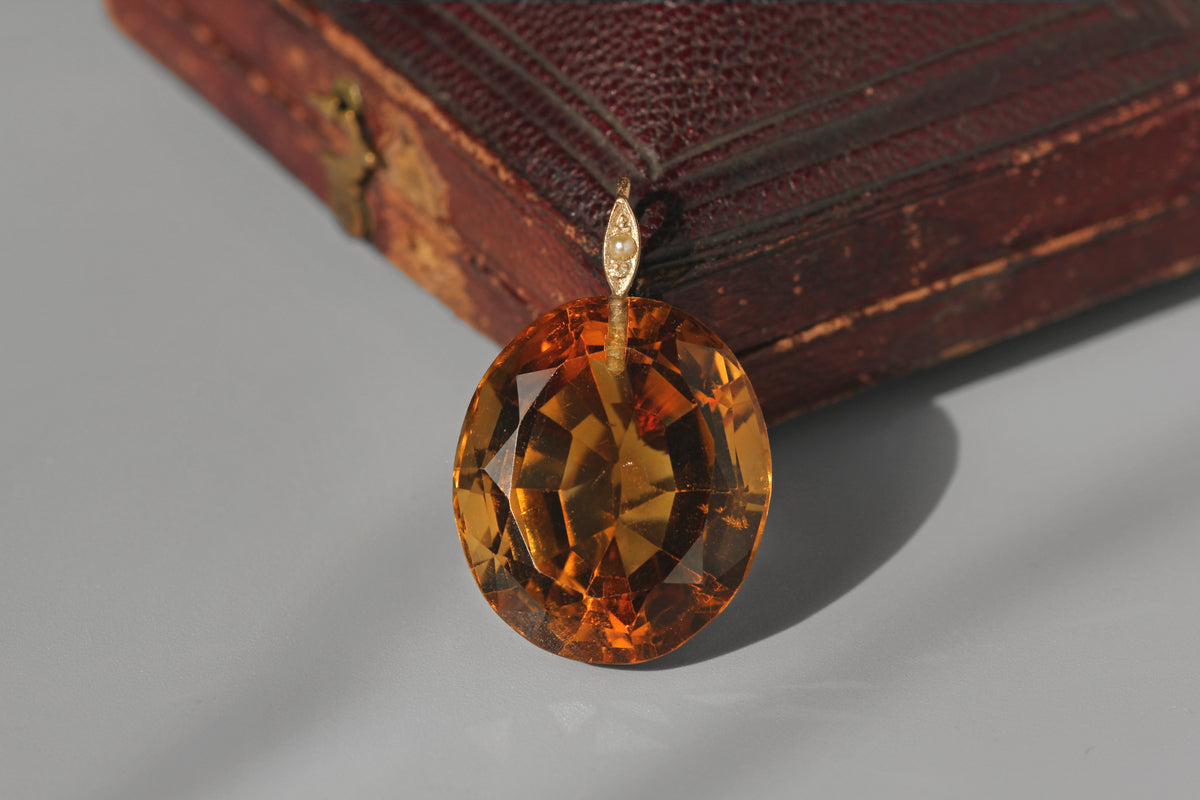 Antique edwardian citrine and seed pearl pendant, in 9ct gold