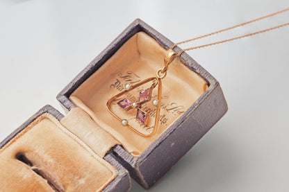 Antique edwardian amethyst paste & seed pearl pendant necklace, 9 carat gold