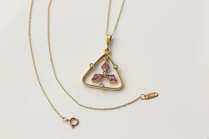 Antique edwardian amethyst paste & seed pearl pendant necklace, 9 carat gold