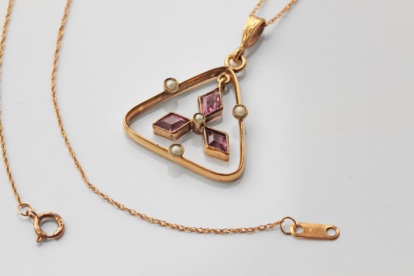 Antique edwardian amethyst paste & seed pearl pendant necklace, 9 carat gold