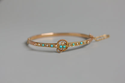 Antique turquoise and pearl ivy or clover bangle, in 9 carat gold