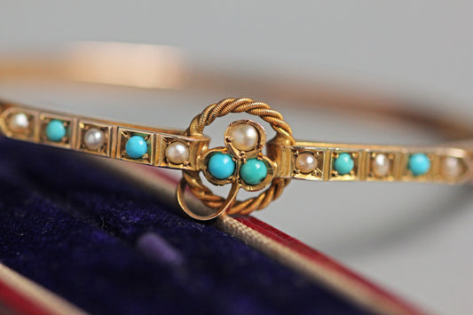 Antique turquoise and pearl ivy or clover bangle, in 9 carat gold