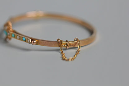 Antique turquoise and pearl ivy or clover bangle, in 9 carat gold
