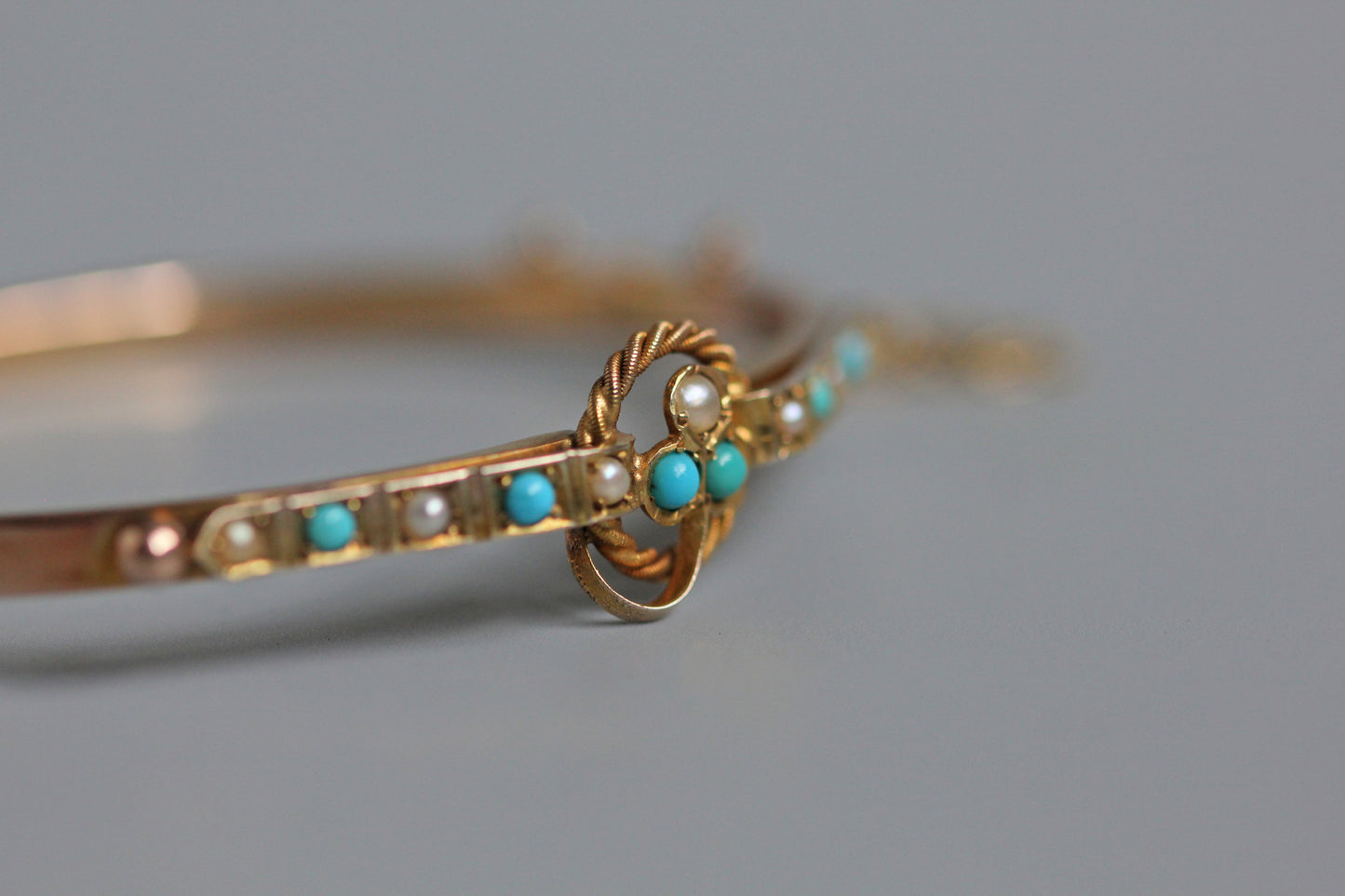 Antique turquoise and pearl ivy or clover bangle, in 9 carat gold
