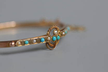 Antique turquoise and pearl ivy or clover bangle, in 9 carat gold