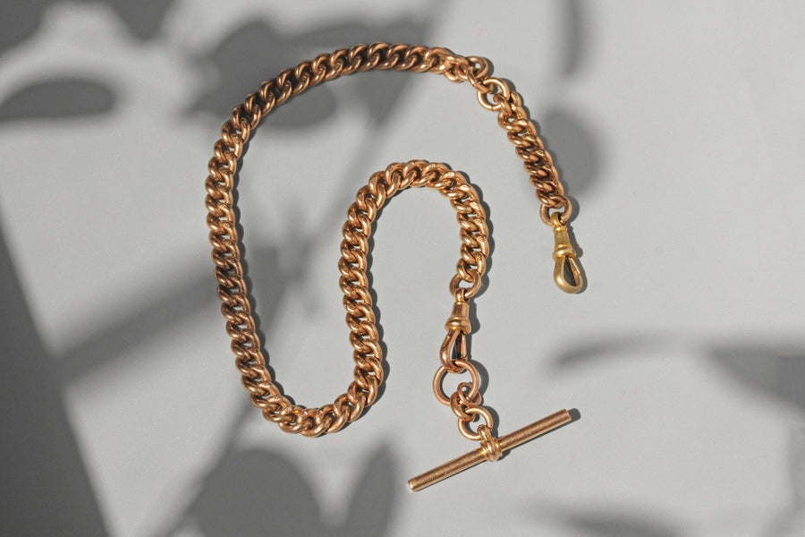 Antique curb link Albert chain with T-bar in 9 carat gold
