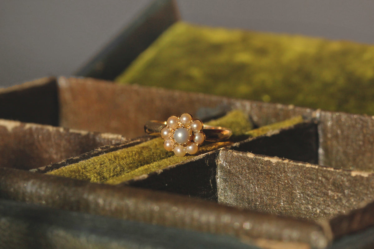 Vintage cultured pearl floral cluster ring in 9ct gold in green velvet jewellery box