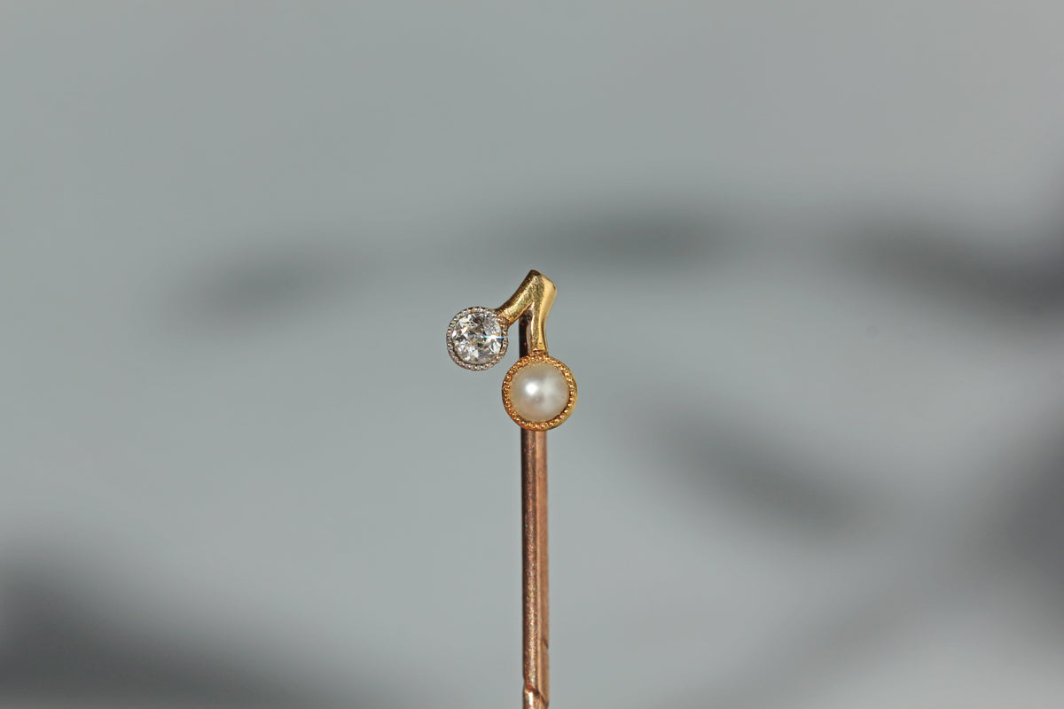 Antique art deco 18ct gold diamond and pearl stick pin with cherry shaped mount