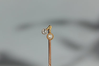 Antique art deco 18ct gold diamond and pearl stick pin with cherry shaped mount