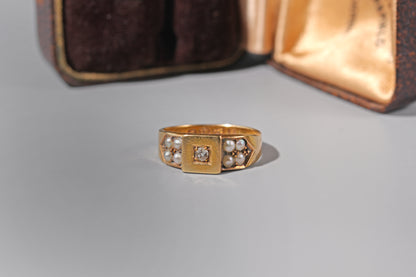 Chester hallmarked 1888 old cut diamond ring with natural pearls
