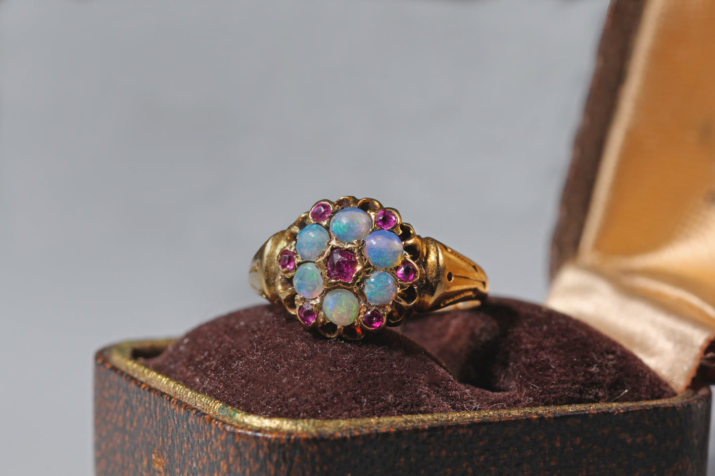 antique 18ct gold opal flower ring with celestial shoulders