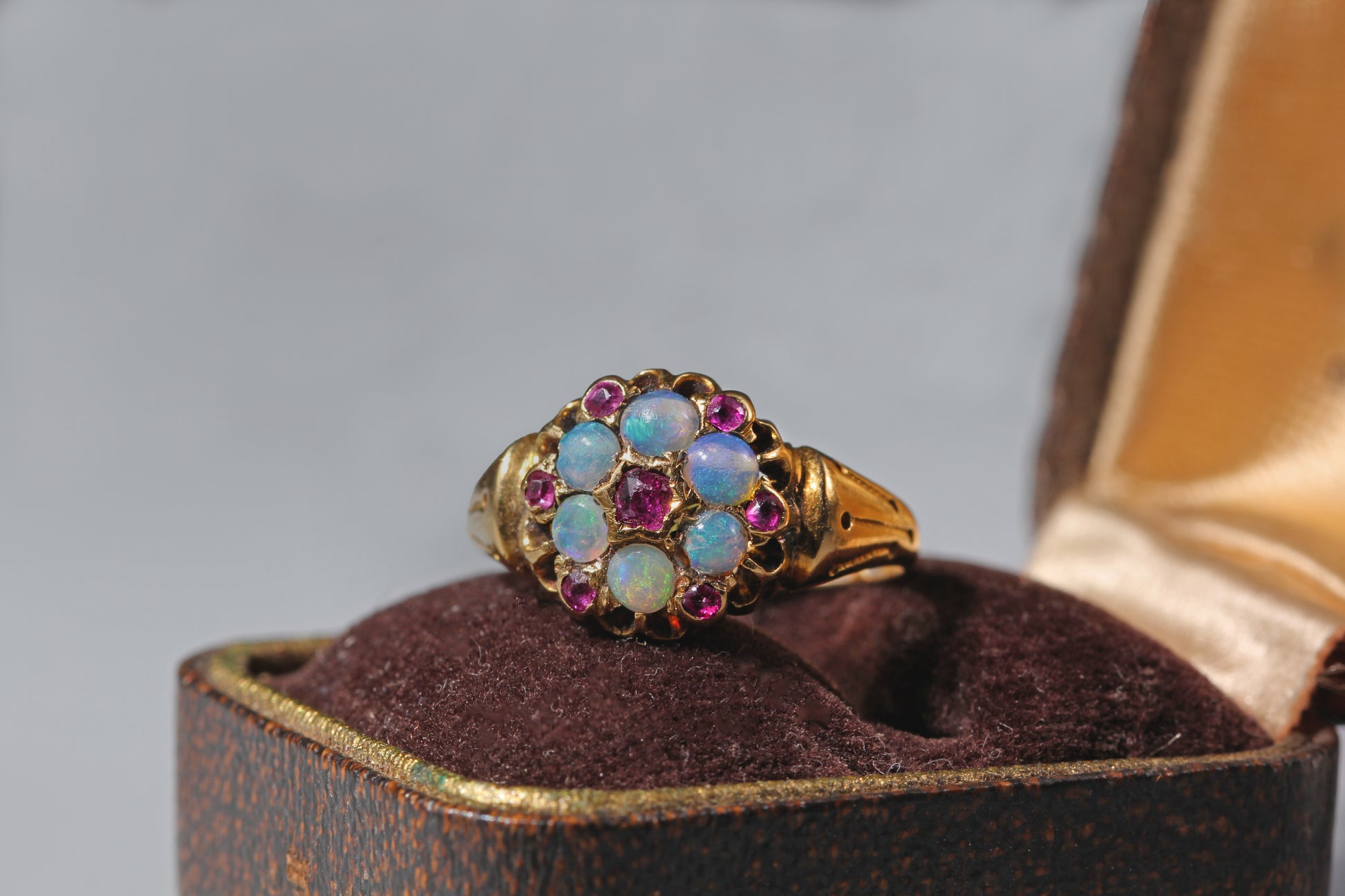 antique 18ct gold opal flower ring with celestial shoulders