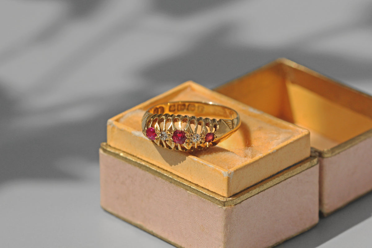 Antique old cut diamond and ruby boat ring in 18ct gold in antique ring box