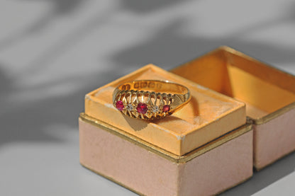 Antique old cut diamond and ruby boat ring in 18ct gold in antique ring box