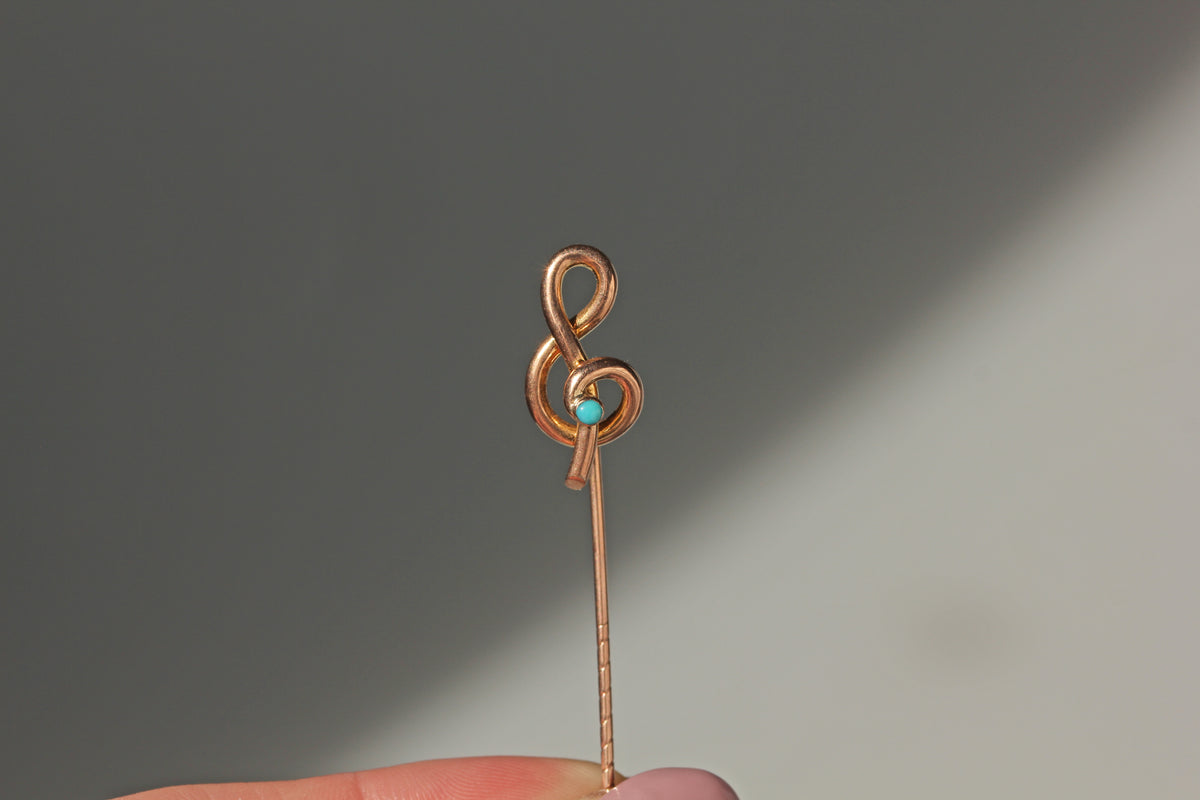 antique 9ct gold edwardian treble clef music pin, with turquoise stone