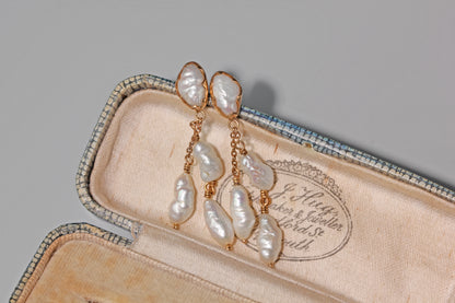 Antique gold baroque pearl dangly earrings in antique box 