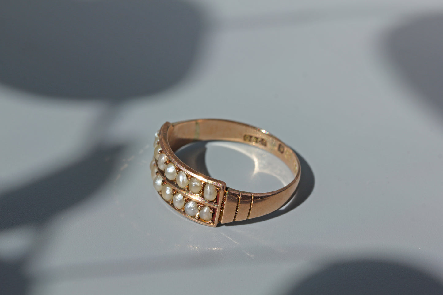 side view of antique pearl ring in 9ct rose gold