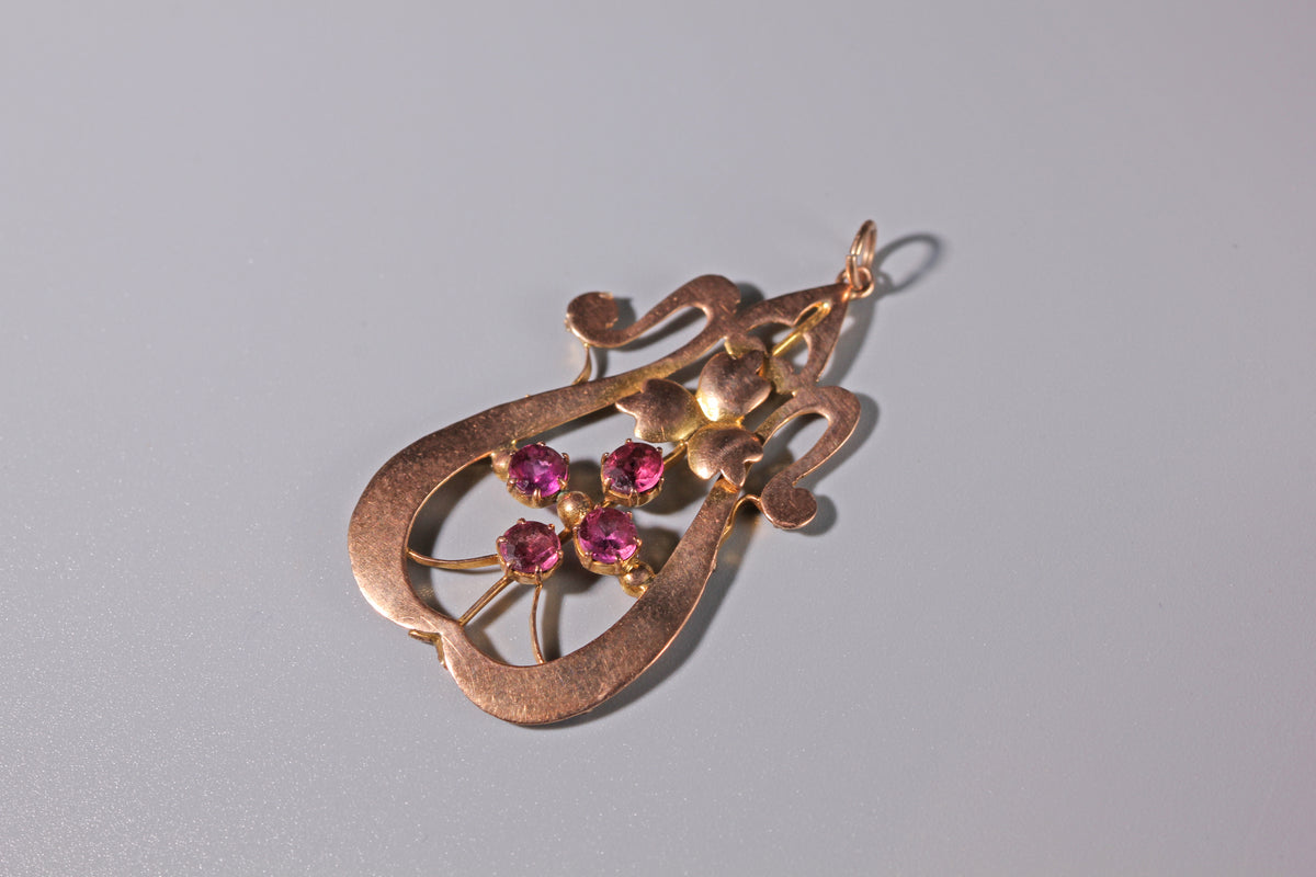 Antique Art Nouveau pendant with raspberry pink tourmalines in 9ct gold
