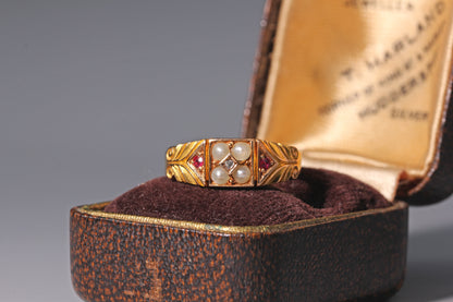 Victorian gold ring with rubies, diamonds and seed pearls in 15ct gold