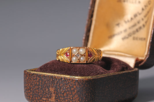 Victorian gold ring with rubies, diamonds and seed pearls in 15ct gold