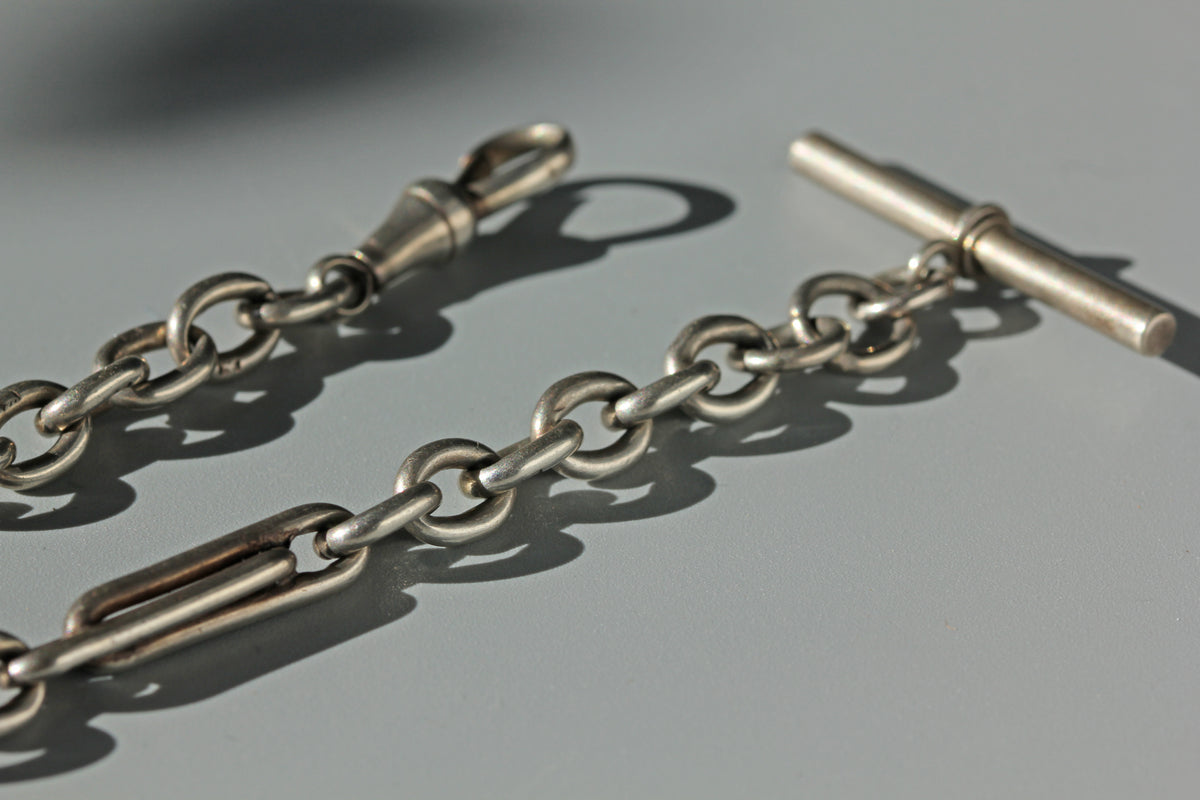 Antique cable chain link details on sterling silver Albert chain 