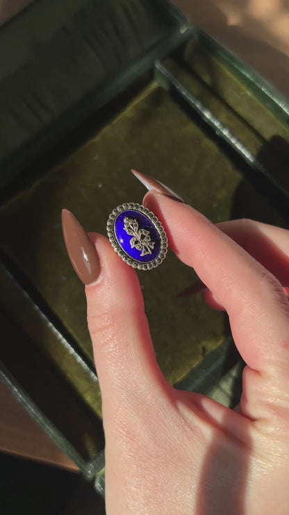Antique victorian blue enamel marcasite ring, in 9 carat gold