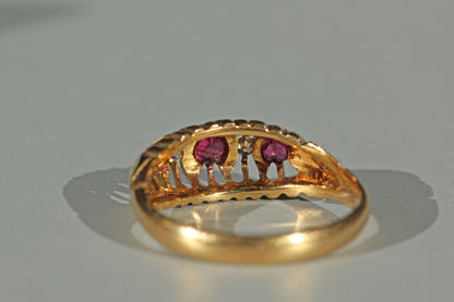 Back view of the gallery on an 18ct gold ring with rubies and diamonds