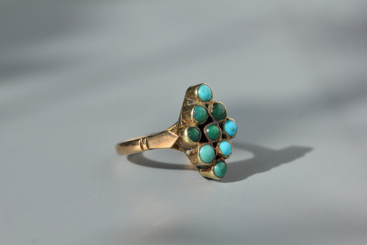 Side profile of the gallery of a navette shaped turquoise ring in 9ct gold