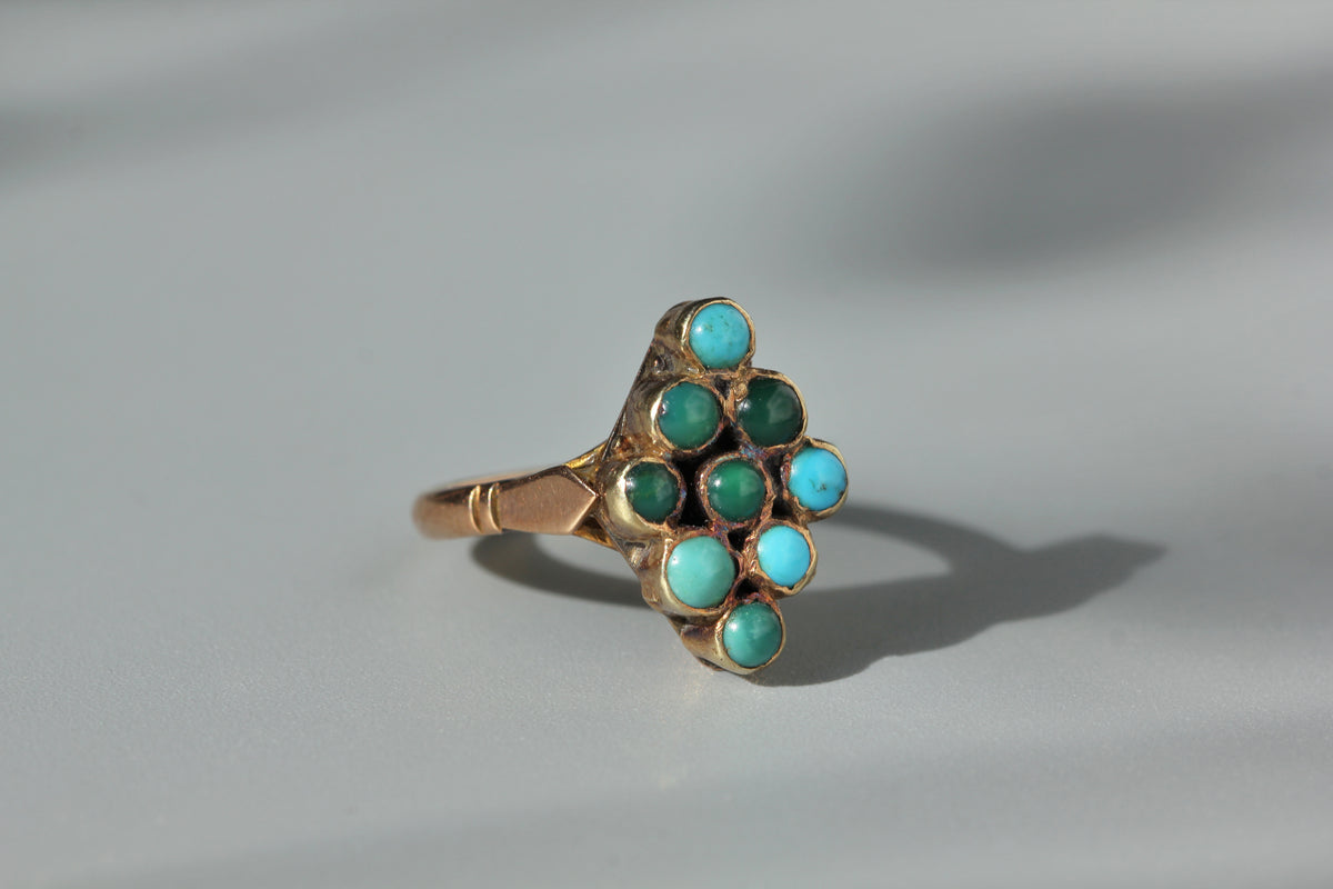 Detailed view of turquoise stones on a victorian 9ct gold ring 